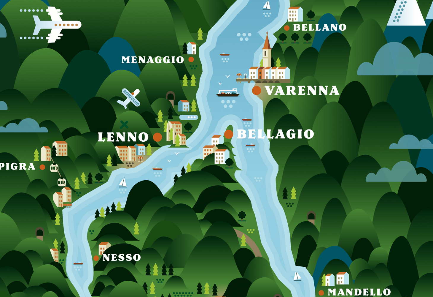 Lago di Como - Illustrated Map - Lenno, Bellagio and Varenna